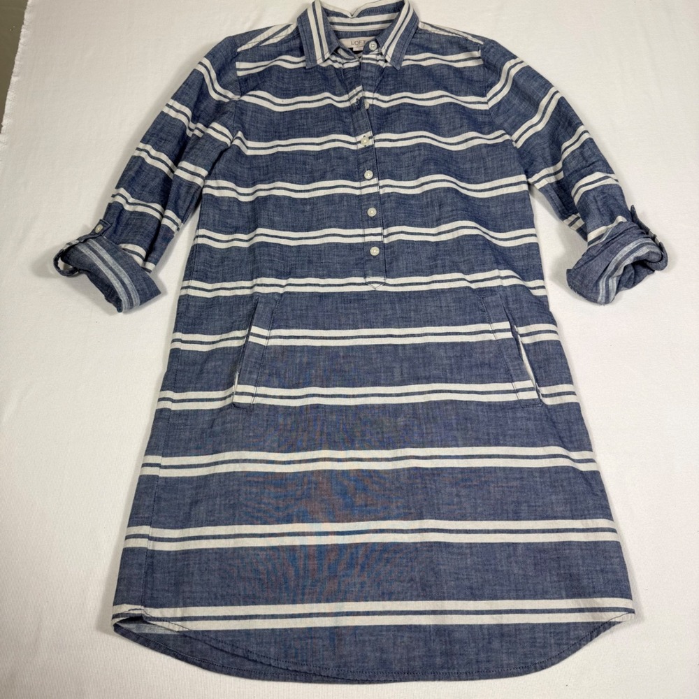 LOFT Shirt Dress 0 Blue White Striped Cotton Henley Pockets Long Sleeve Coastal